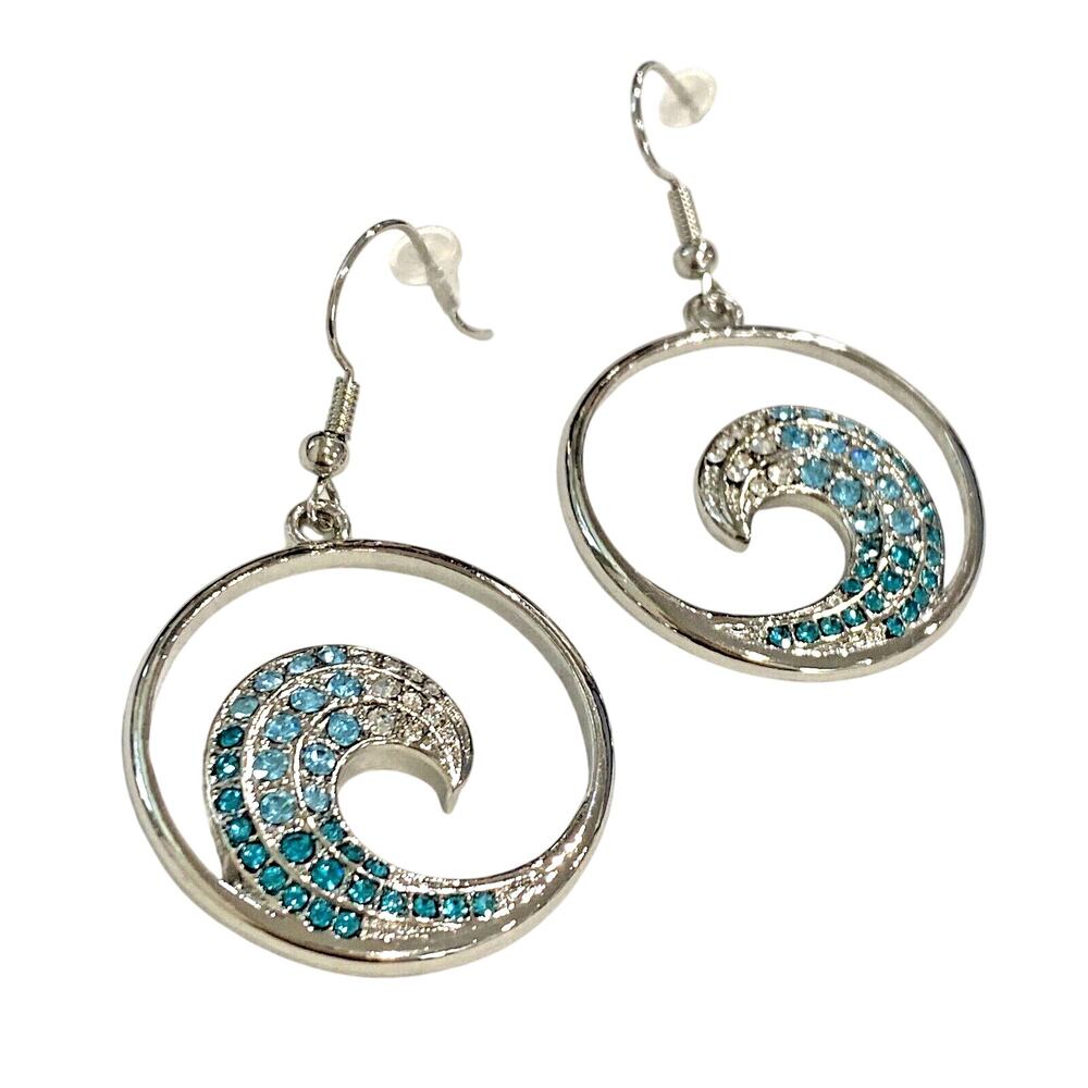 Silvertone pierced earrings drop dangle hoops blue white crystal rhinestone wave